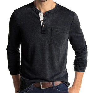 Mens Casual Round Neck Buttons Shirt Tops Soild Color Long Sleeves Slim Fit Tee