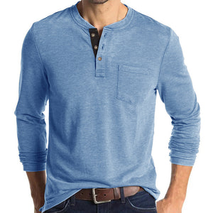 Mens Casual Round Neck Buttons Shirt Tops Soild Color Long Sleeves Slim Fit Tee