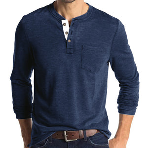 Mens Casual Round Neck Buttons Shirt Tops Soild Color Long Sleeves Slim Fit Tee