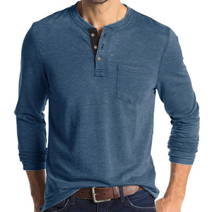 Mens Casual Round Neck Buttons Shirt Tops Soild Color Long Sleeves Slim Fit Tee