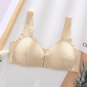 Women's Plus Size Lace Wide Straps Wireless Bra Front Closure Push Up Bras