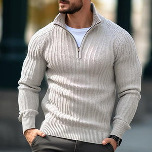 Men's Solid Cable Casual Zip Stand Collar Sweater