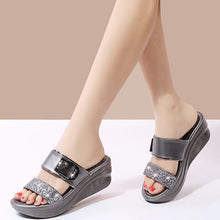 Load image into Gallery viewer, Ladies Sequined Rhinestone Wedge Slippers
