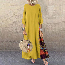 Load image into Gallery viewer, Colarinho redondo floral de outono com botões de bloqueio de cor e vestido de mangas patchwork. Solto e confortável, com cores de retalhos para um ar de elegância e generosidade. Disponível em 12 cores à escolha.

