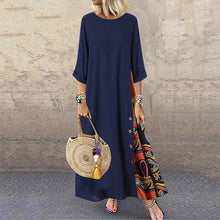 Load image into Gallery viewer, Colarinho redondo floral de outono com botões de bloqueio de cor e vestido de mangas patchwork. Solto e confortável, com cores de retalhos para um ar de elegância e generosidade. Disponível em 12 cores à escolha.

