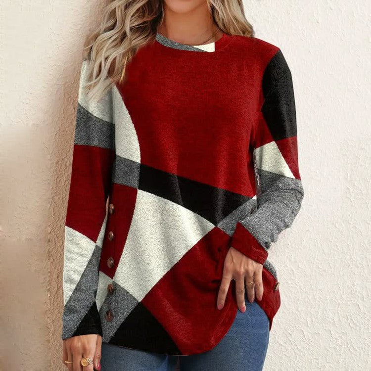 Camisola de manga comprida com colisão geométrica estampada solta para mulheres