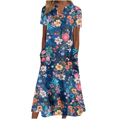 【S-3XL】Cuello en V Botón Manga Corta Suelta Dobladillo Vestido Impreso