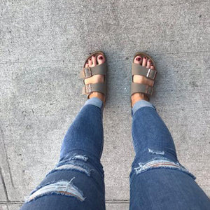 Unisex double-breasted slippers in brushed leather with cork soles